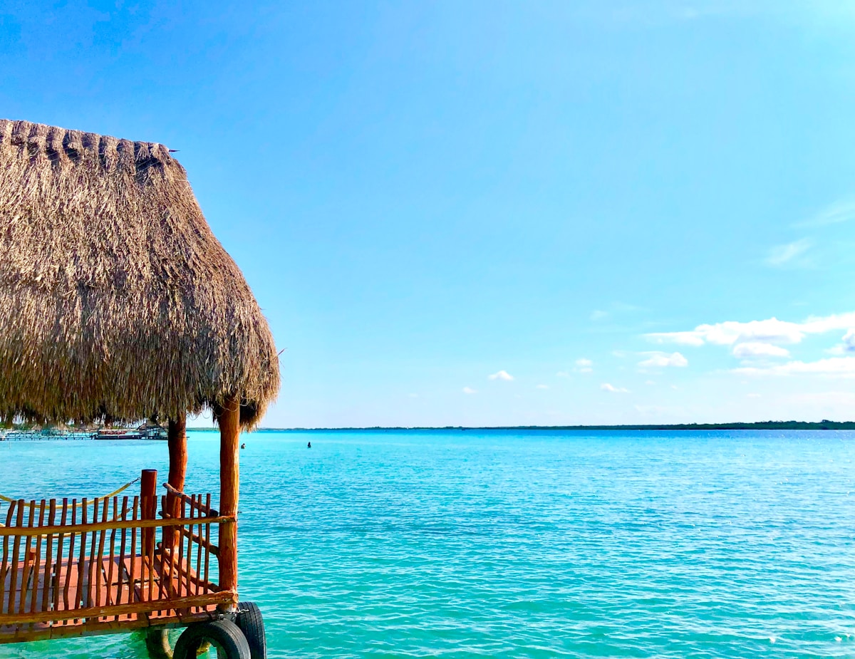 Bacalar Lagoon of Seven Colours showing turquoise water gradients