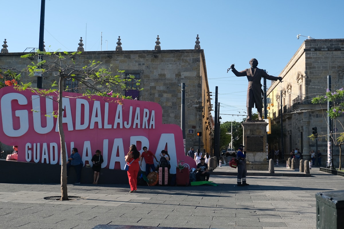 Guadalajara city square with the Degollado Theatre and pedestrians