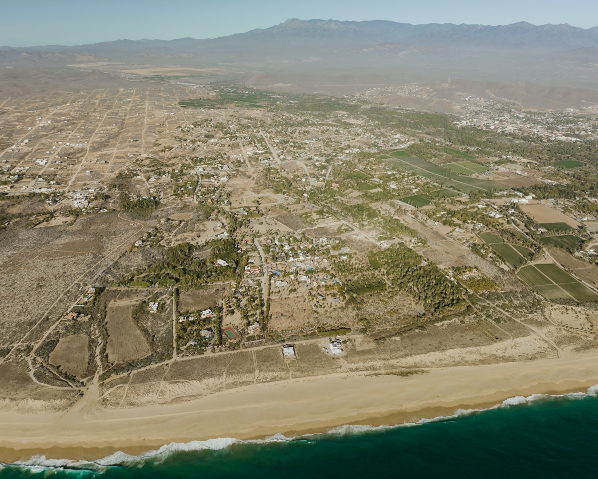 Aerial view of Todos Santos beach town and Pacific coast, Baja California Sur, Mexico