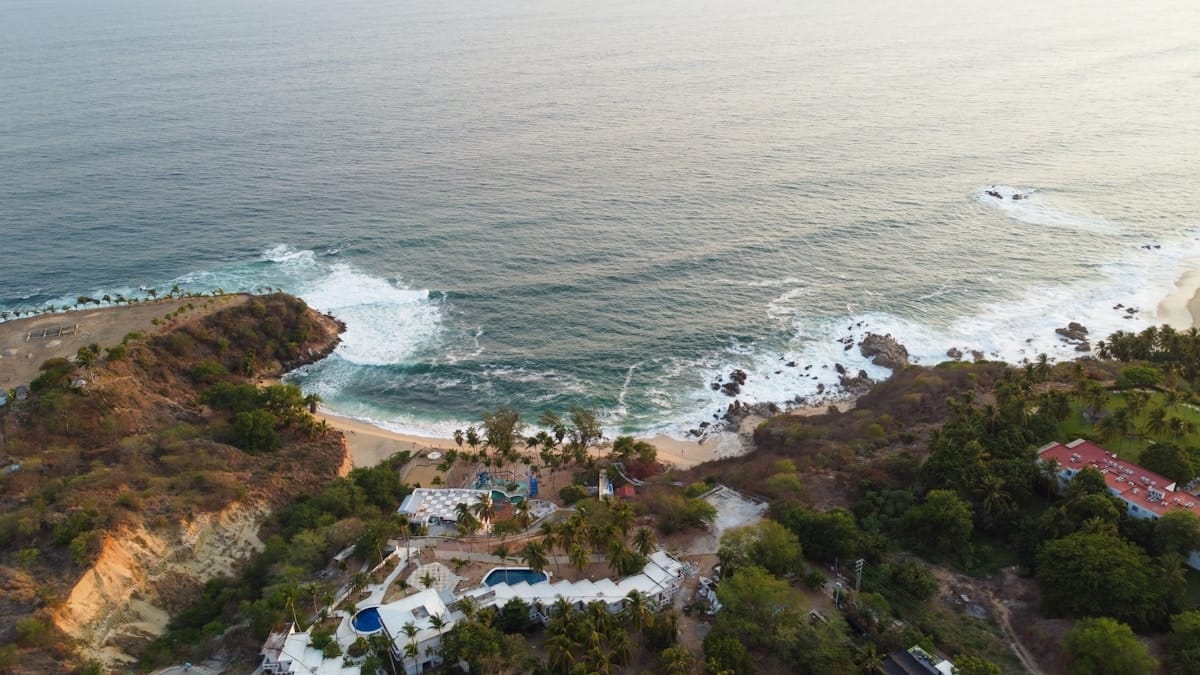 Aerial view of the dramatic Puerto Escondido coastline and bay
