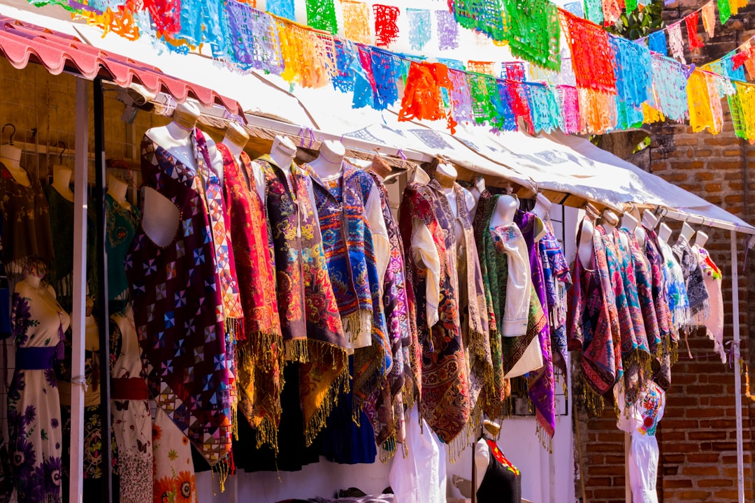 Colourful scarves and textiles at a Chiapas market, Mexico