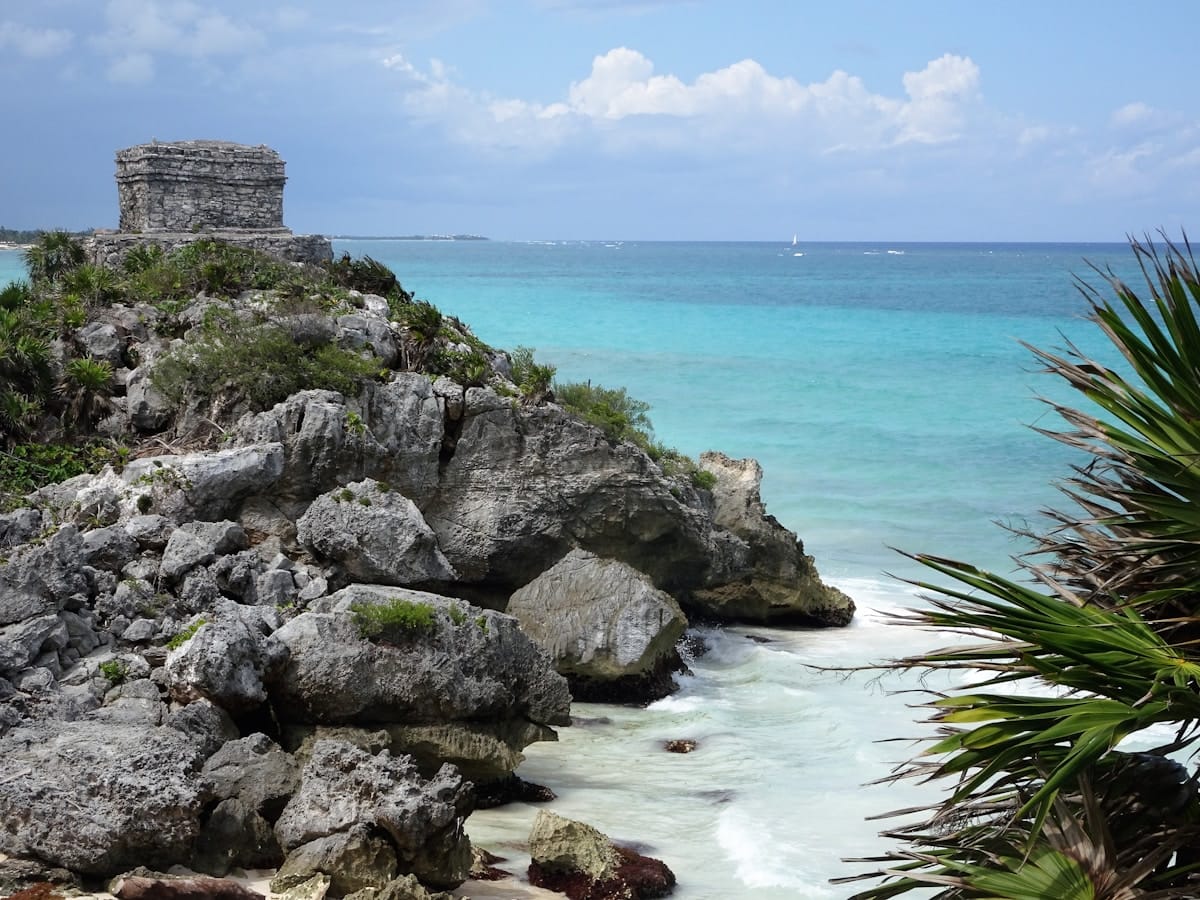 Tulum Maya archaeological site on cliff above Caribbean, Quintana Roo, Mexico