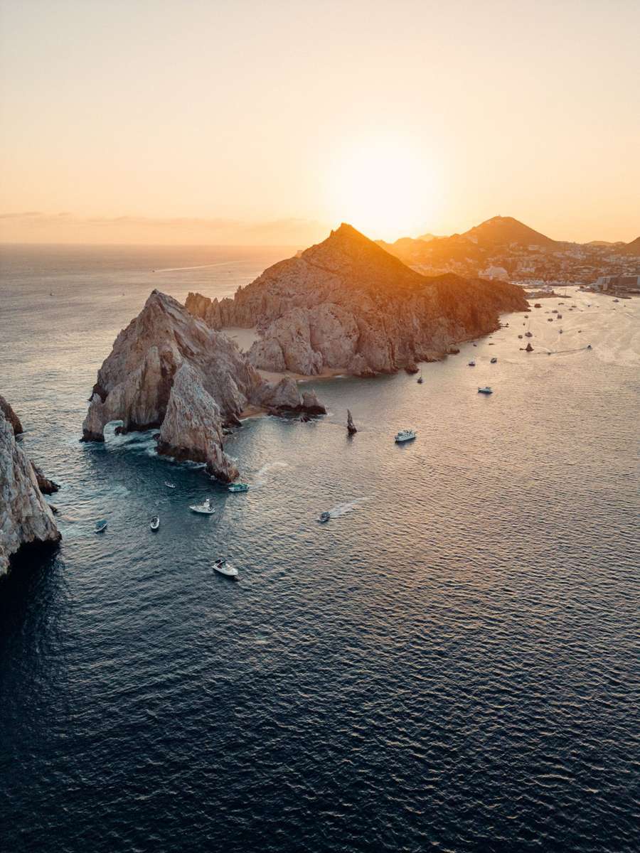 Aerial view of rock formations at sunset, Los Cabos, Mexico