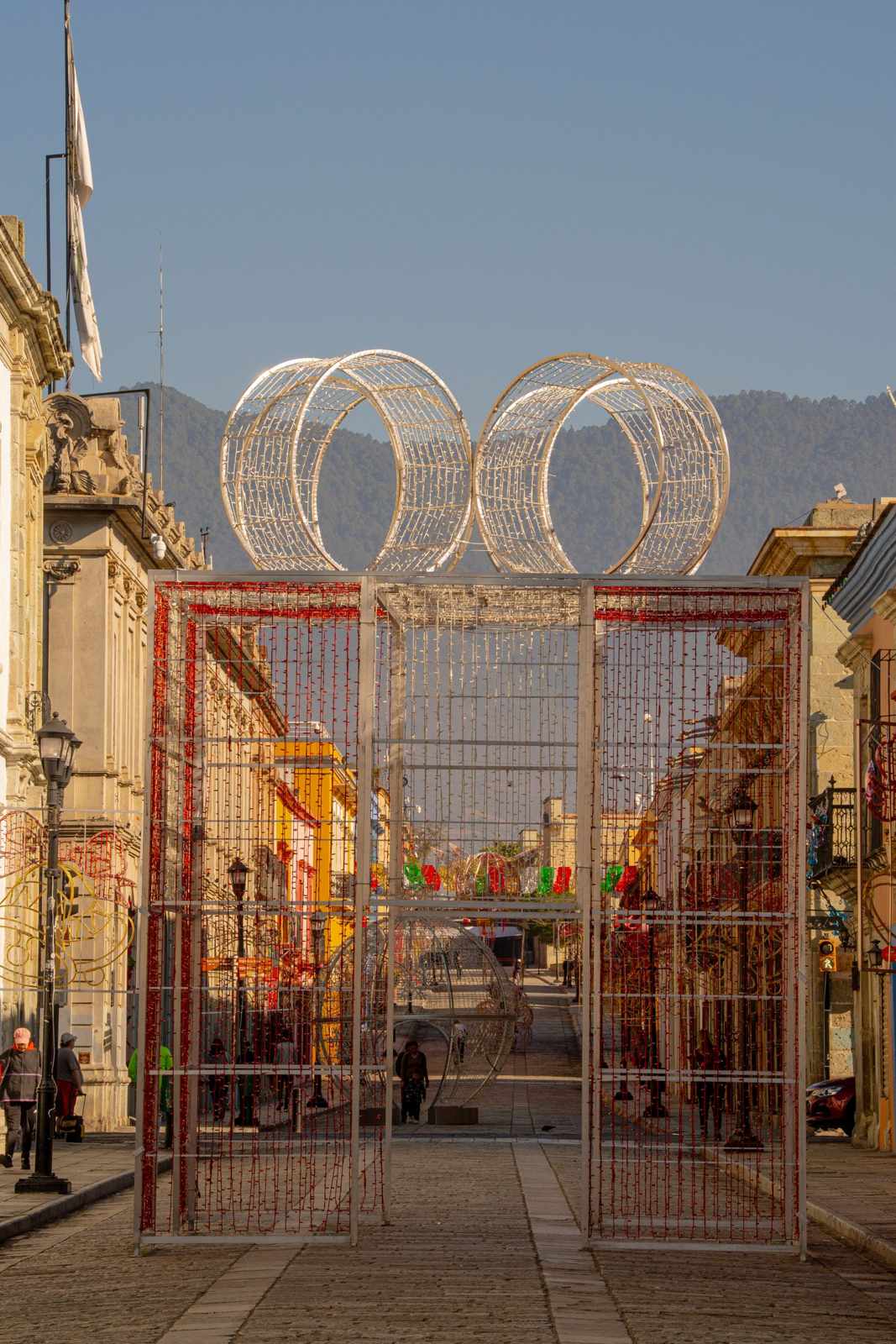 Festive decorations over a street in Oaxaca, Mexico