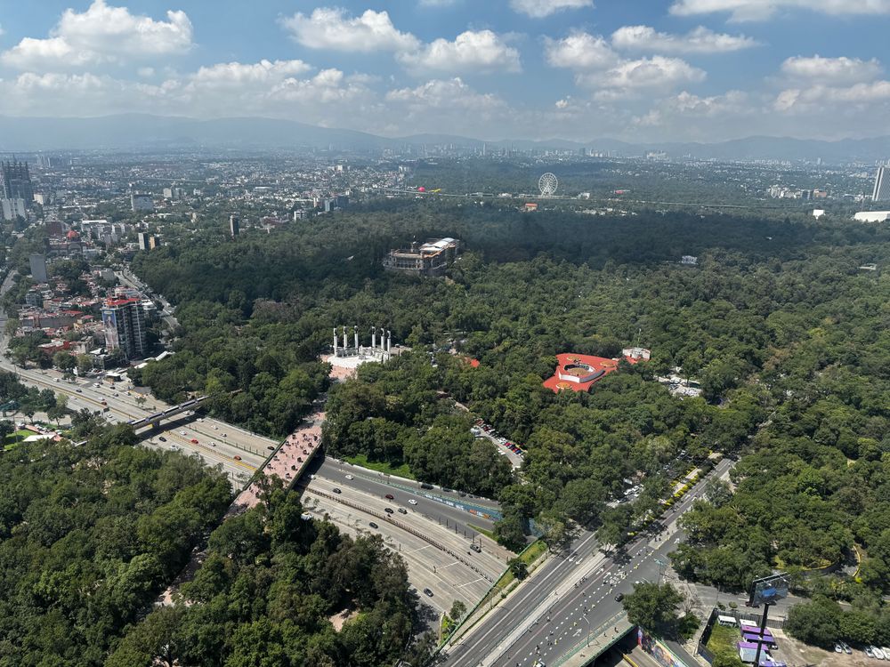Aerial view of Chapultepec Park and the Mexico City skyline