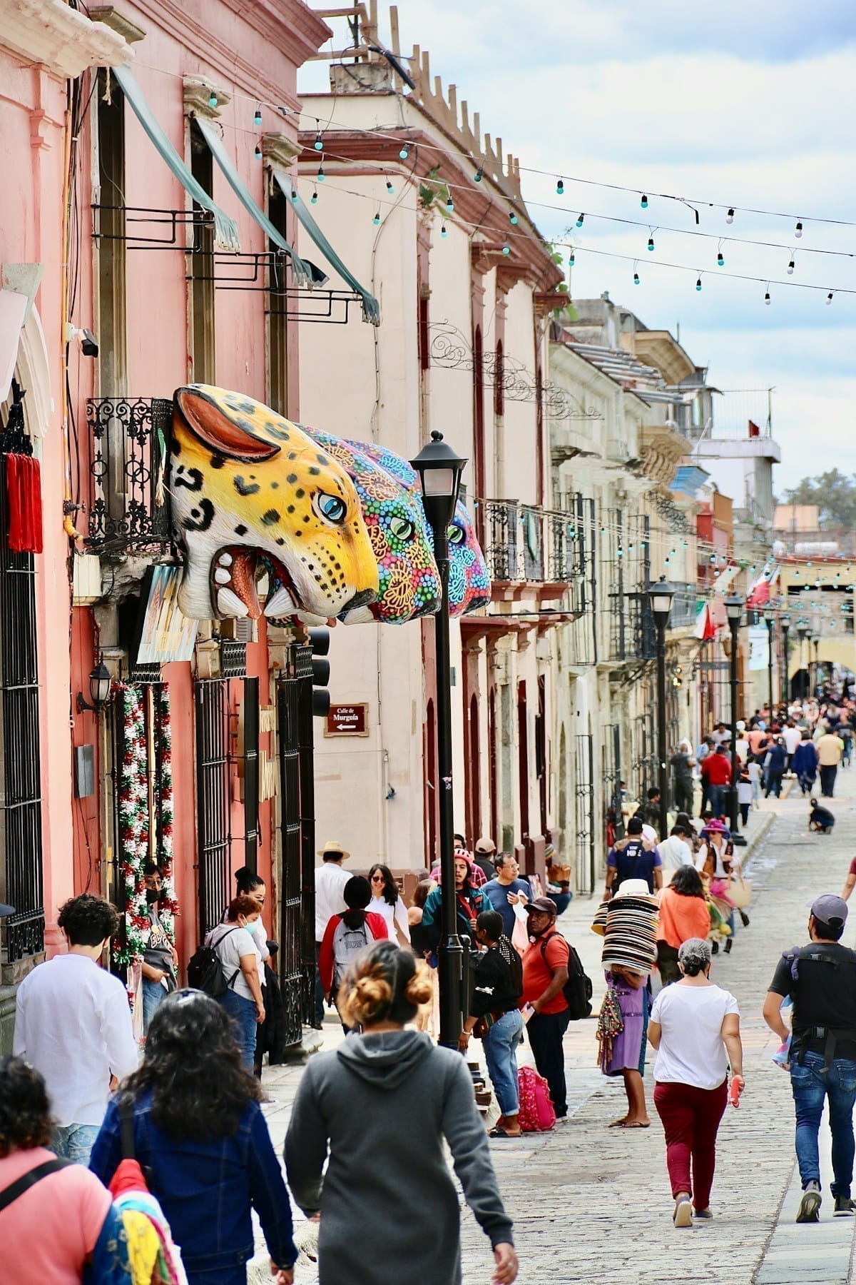 Crowd on street in Oaxaca City, Mexico