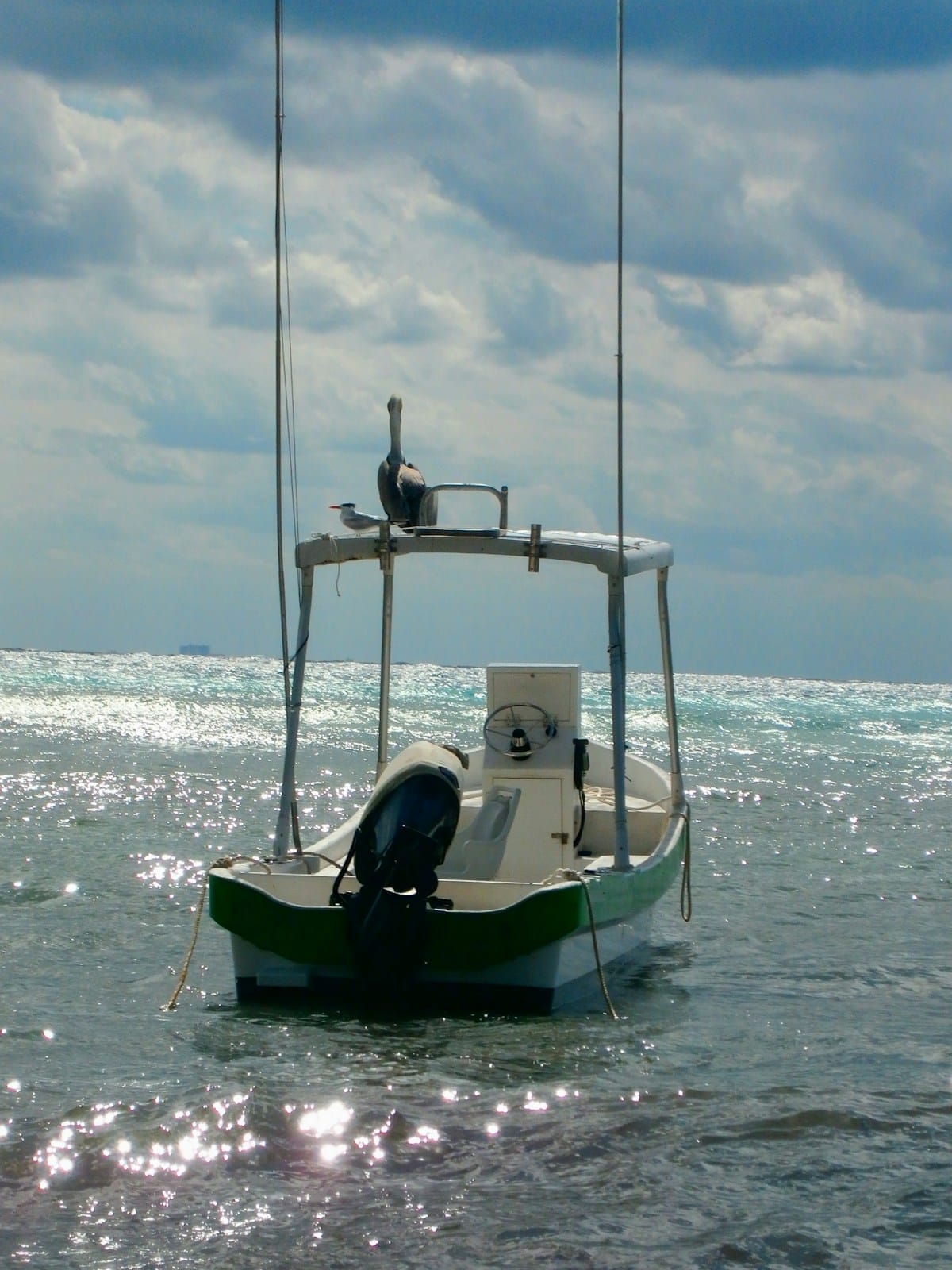 Man on boat in Caribbean sea near Playa del Carmen, Mexico