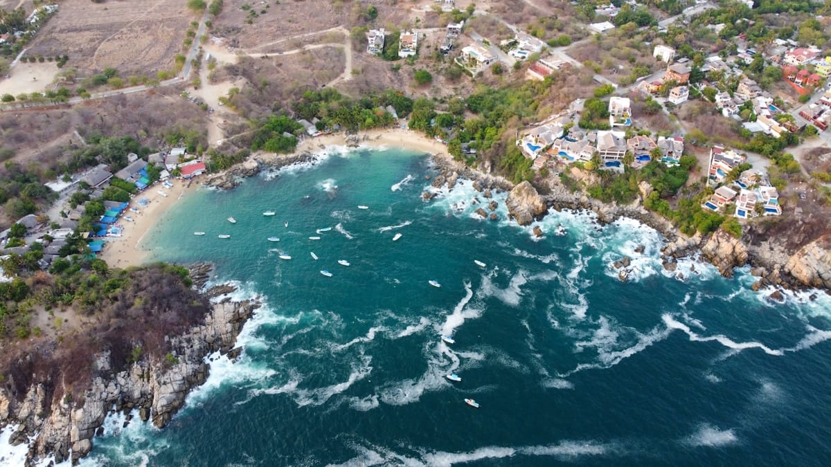 Aerial view of Puerto Escondido coastline and town, Oaxaca, Mexico
