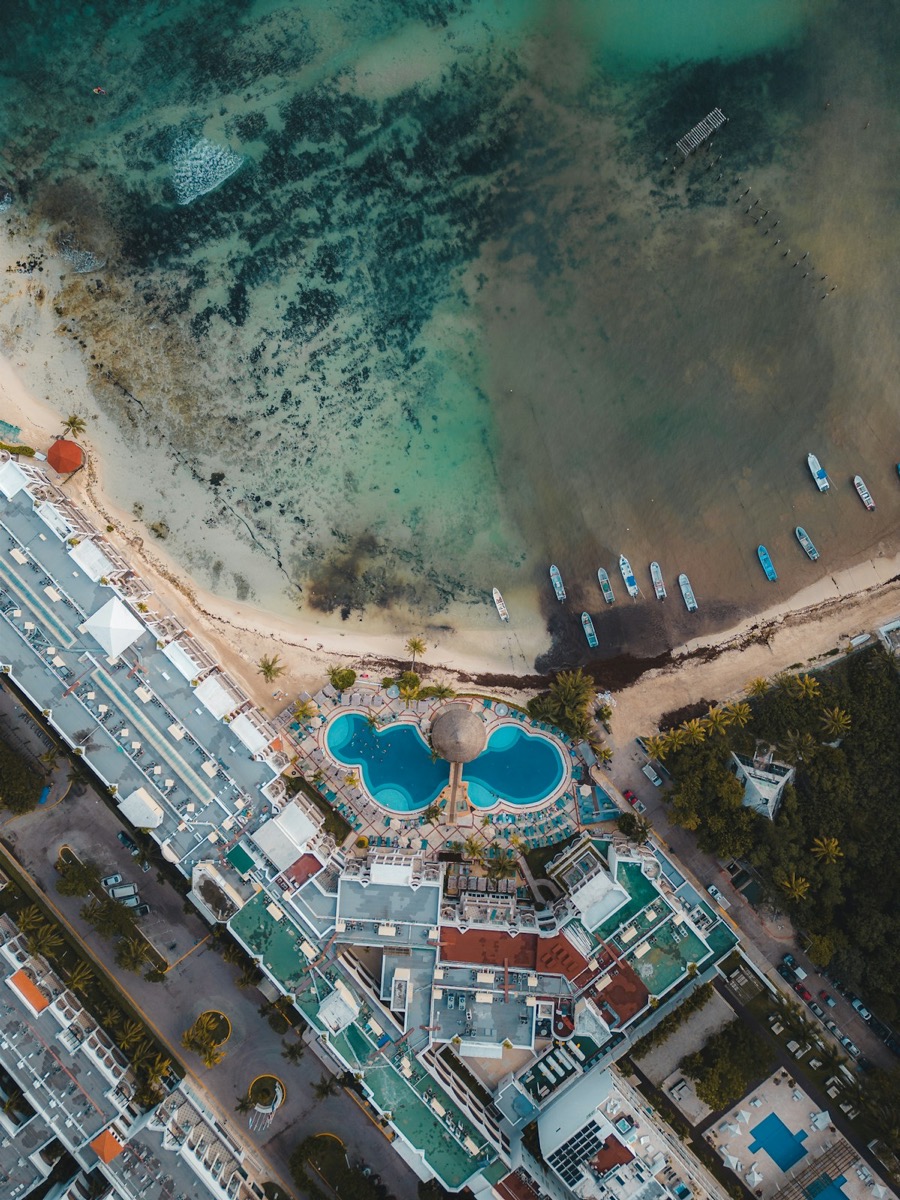 Aerial view of Cancun resort area with turquoise Caribbean water