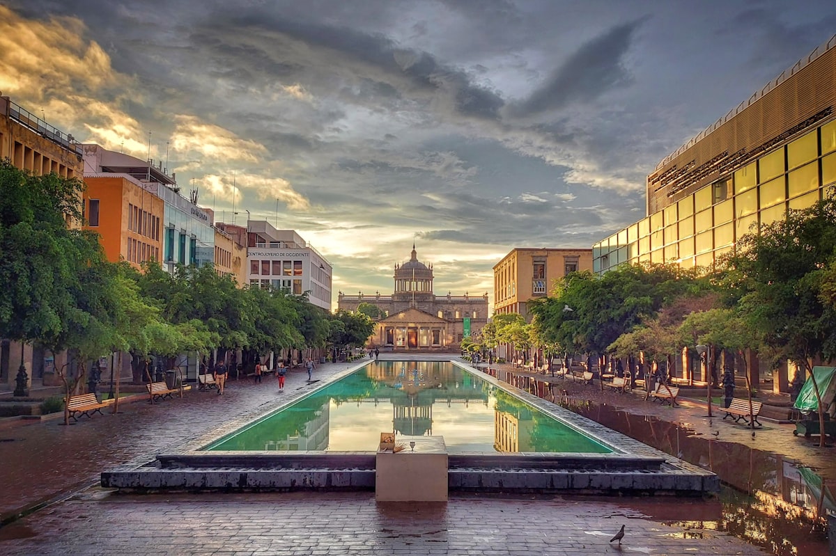 City square with fountain and cathedral in the background, Guadalajara, Mexico