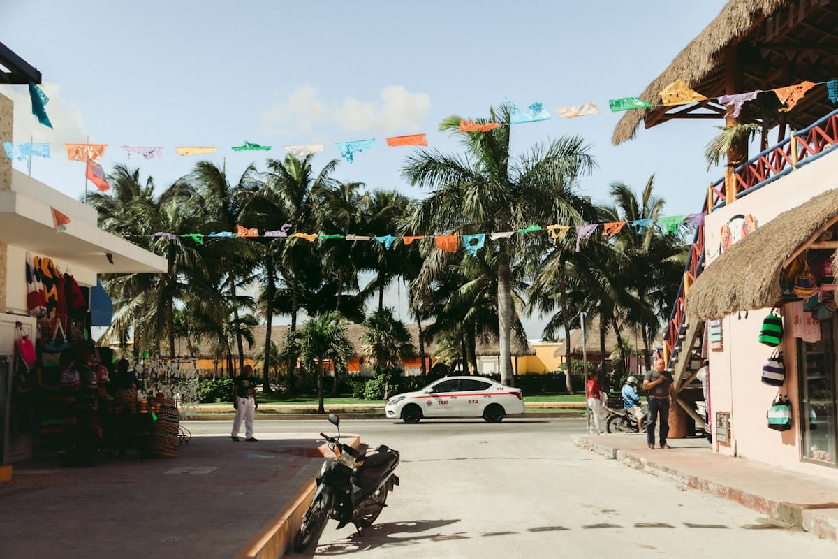 White sedan on road through green trees, Mexico — Mazatlán airport transfer