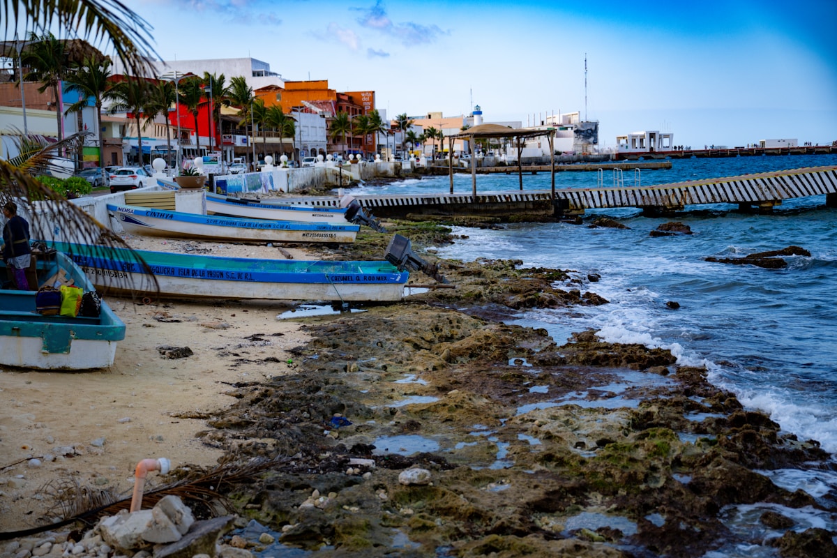 Fishing boats moored on the shore of San Miguel de Cozumel, Caribbean Mexico
