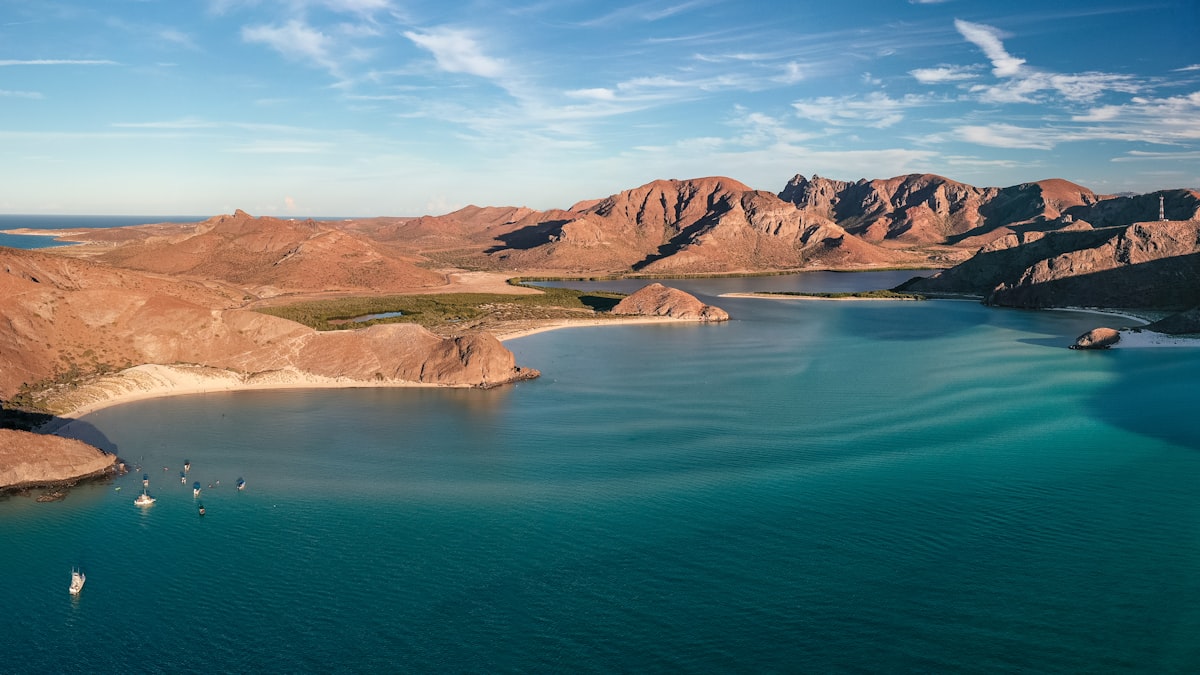Aerial view of turquoise Sea of Cortez bays and desert mountains, La Paz, Baja California Sur, Mexico