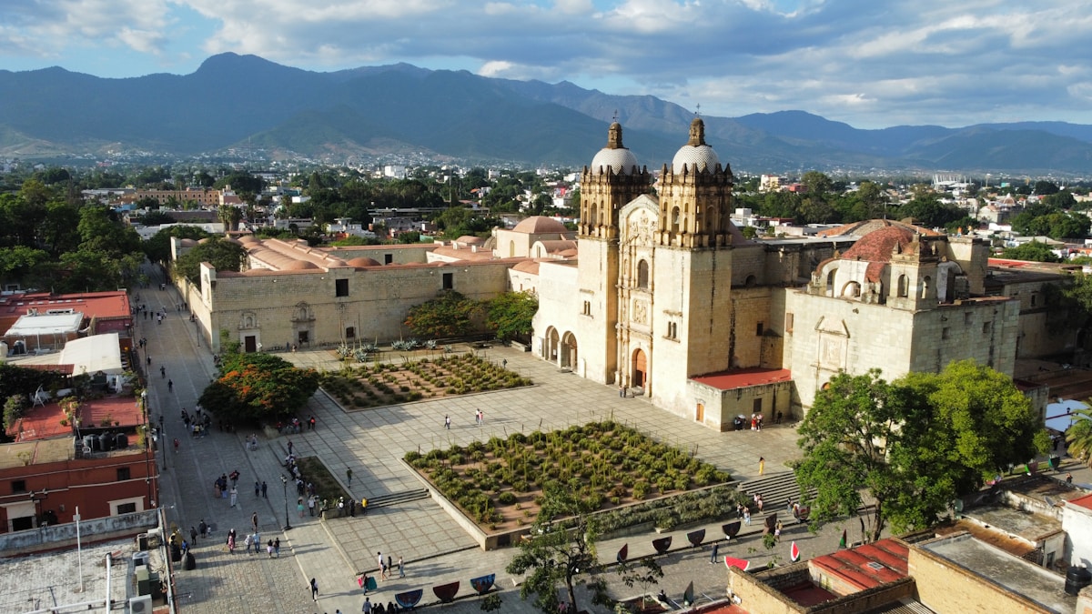 Aerial view of Santo Domingo church and courtyard, Oaxaca city centre, Mexico