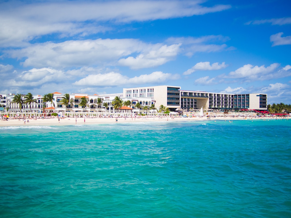 Beachfront hotels and turquoise Caribbean water, Playa del Carmen, Mexico