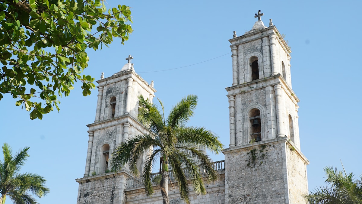 Twin-towered colonial cathedral of San Gervasio in Valladolid, Yucatán, Mexico