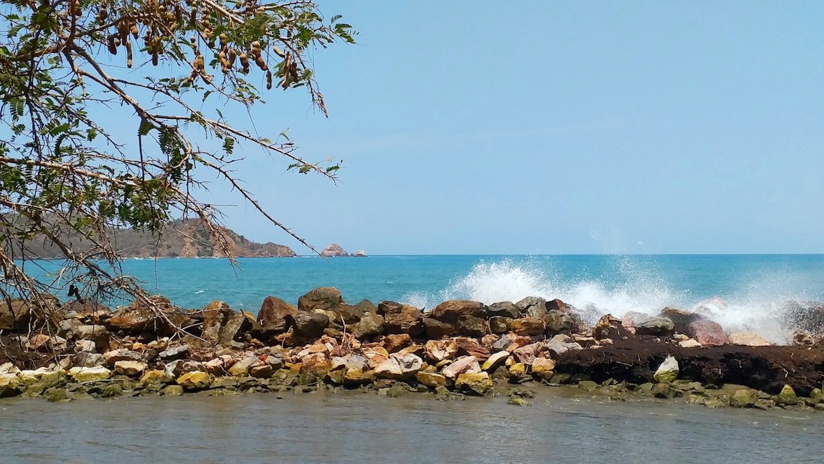 Rocky shoreline with turquoise Pacific water and trees, Zihuatanejo, Guerrero, Mexico